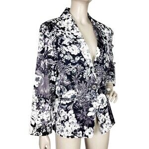 Chicos Monochrome Floral Business Casual Single Button Career Blazer Size 1 M/8